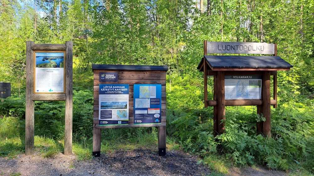 Vilkaharju nature trail and Saimaa Geopark signage